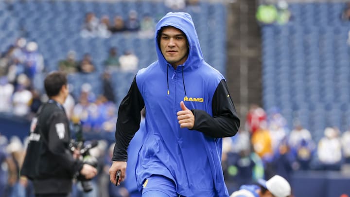 Nov 3, 2024; Seattle, Washington, USA; Los Angeles Rams wide receiver Puka Nacua (17) participates in pregame warmups against the Seattle Seahawks at Lumen Field. Mandatory Credit: Joe Nicholson-Imagn Images