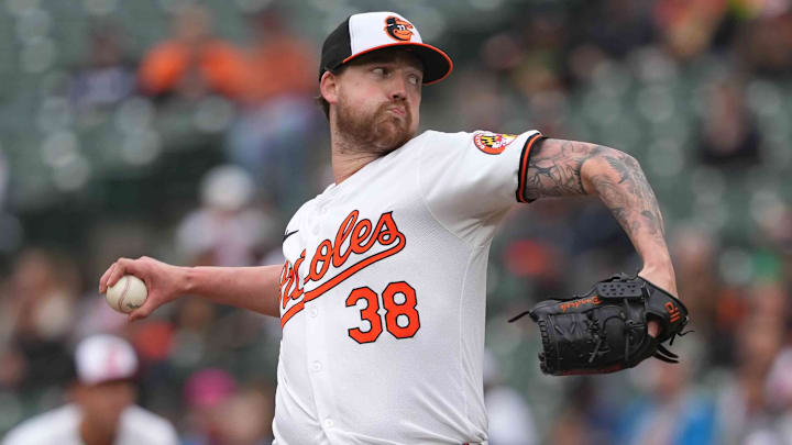 May 15, 2024; Baltimore, Maryland, USA; Baltimore Orioles pitcher Kyle Bradish (38) delivers in the first inning against the Toronto Blue Jays at Oriole Park at Camden Yards