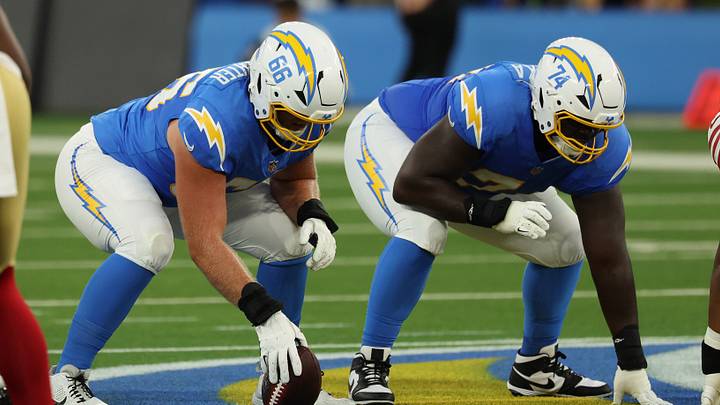 Aug 20, 2026; Inglewood, California, USA; Los Angeles Chargers center Jake Slaughter (66) and guard Kayode Awosika (74) on the line of the scrimmage during the first quarter against the San Francisco 49ers at SoFi Stadium. Mandatory Credit: Kiyoshi Mio-Imagn Images Aug 20, 2026; Inglewood, California, USA; Los Angeles Chargers center Jake Slaughter (66) and guard Kayode Awosika (74) on the line of the scrimmage during the first quarter against the San Francisco 49ers at SoFi Stadium. Mandatory Credit: Kiyoshi Mio-Imagn Images