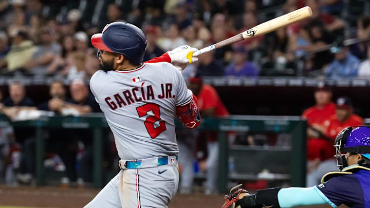May 30, 2025; Phoenix, Arizona, USA; Washington Nationals infielder Luis Garcia Jr. against the Arizona Diamondbacks at Chase Field. 