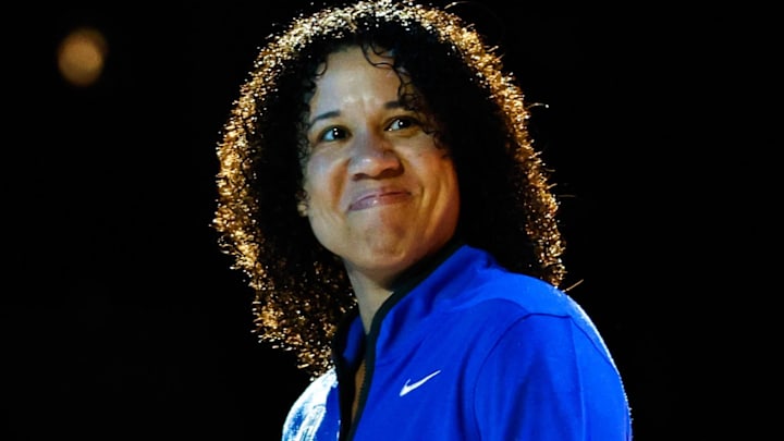 Oct 3, 2025; Durham, NC, USA; Duke Blue Devils head coach Kara Lawson is introduced during player introductions at the Countdown to Craziness at the Cameron Indoor Stadium. Mandatory Credit: Jaylynn Nash-Imagn Images