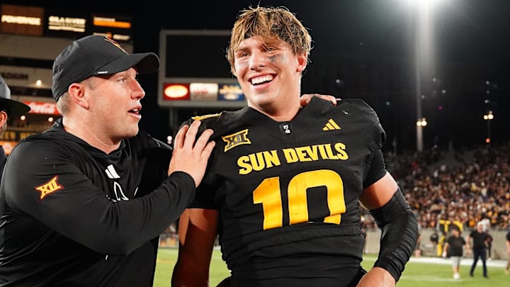 Sep 26, 2025; Tempe, Arizona, USA; Arizona State Sun Devils quarterback Sam Leavitt (10) celebrates with head coach Kenny Dillingham after win against TCU Horned Frogs at Mountain America Stadium, Home of the ASU Sun Devils. Mandatory Credit: Jacob Reiner-Imagn Images