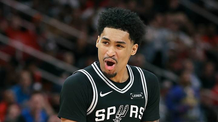 Jan 28, 2026; Houston, Texas, USA; San Antonio Spurs guard Dylan Harper (2) reacts after scoring a basket during the third quarter against the Houston Rockets at Toyota Center. Mandatory Credit: Troy Taormina-Imagn Images