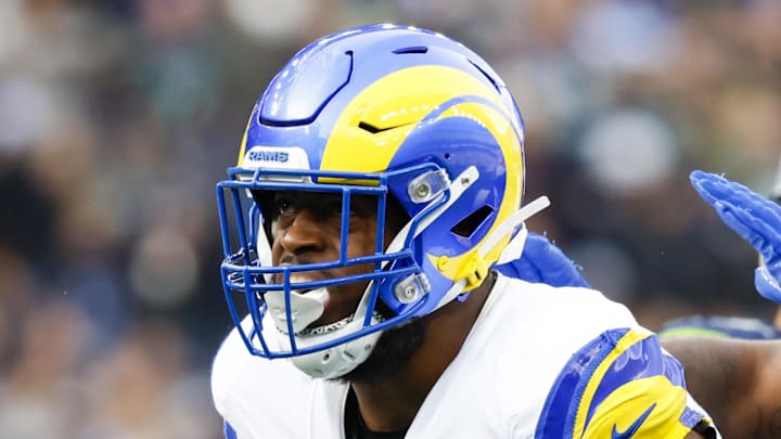 Nov 3, 2024; Seattle, Washington, USA; Los Angeles Rams linebacker Jared Verse (8) celebrates with cornerback Cobie Durant (14) after a sack against the Seattle Seahawks during the second quarter at Lumen Field. Mandatory Credit: Joe Nicholson-Imagn Images Nov 3, 2024; Seattle, Washington, USA; Los Angeles Rams linebacker Jared Verse (8) celebrates with cornerback Cobie Durant (14) after a sack against the Seattle Seahawks during the second quarter at Lumen Field. Mandatory Credit: Joe Nicholson-Imagn Images