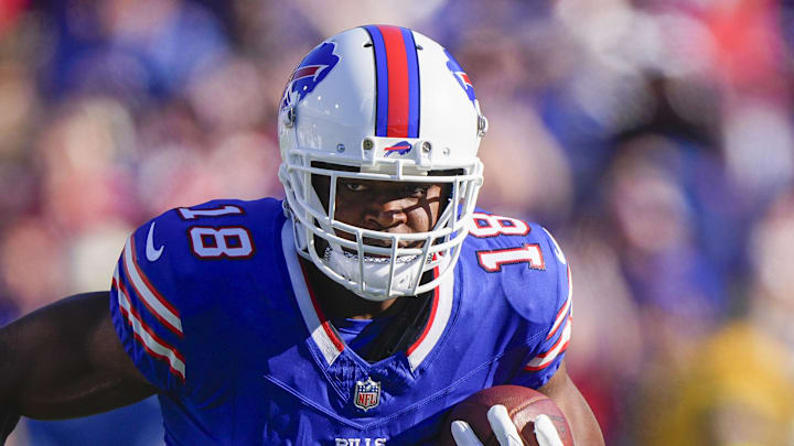 Oct 20, 2024; Orchard Park, New York, USA; Buffalo Bills wide receiver Amari Cooper (18) runs with the ball after making a catch against the Tennessee Titans during the second half at Highmark Stadium. Mandatory Credit: Gregory Fisher-Imagn Images