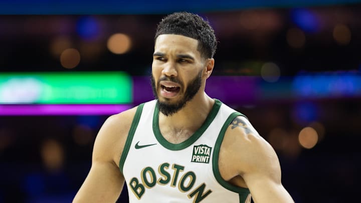 Nov 15, 2023; Philadelphia, Pennsylvania, USA; Boston Celtics forward Jayson Tatum (0) pleads for a foul call against the Philadelphia 76ers during the second quarter at Wells Fargo Center. Mandatory Credit: Bill Streicher-Imagn Images