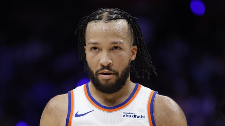Feb 6, 2026; Detroit, Michigan, USA;  New York Knicks guard Jalen Brunson (11) walks off the court after the first half against the Detroit Pistons at Little Caesars Arena. Mandatory Credit: Rick Osentoski-Imagn Images