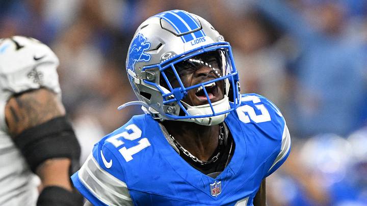 Sep 13, 2026; Detroit, Michigan, USA;  Detroit Lions cornerback Roger McCreary (21) celebrates a forced fumble against the New Orleans Saints during the third quarter at Ford Field.  Mandatory Credit: Lon Horwedel-Imagn Images