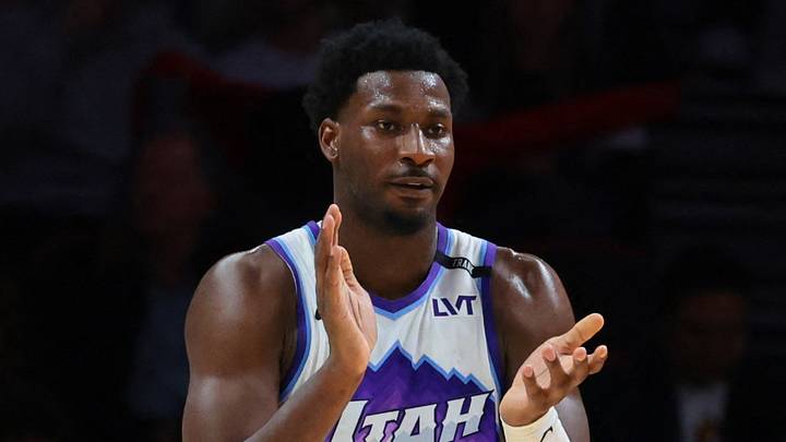 Feb 9, 2026; Miami, Florida, USA; Utah Jazz forward Jaren Jackson Jr. (20) reacts against the Miami Heat during the first quarter at Kaseya Center. Mandatory Credit: Sam Navarro-Imagn Images
