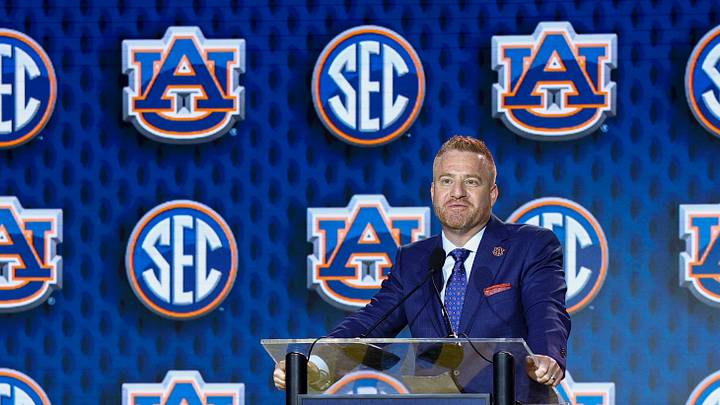 Jul 21, 2026; Tampa, FL, USA; Auburn Tigers head coach Alex Golesh speaks to the press during SEC Football Kickoff Media Day at the Tampa Marriott. Mandatory Credit: Nathan Ray Seebeck-Imagn Images