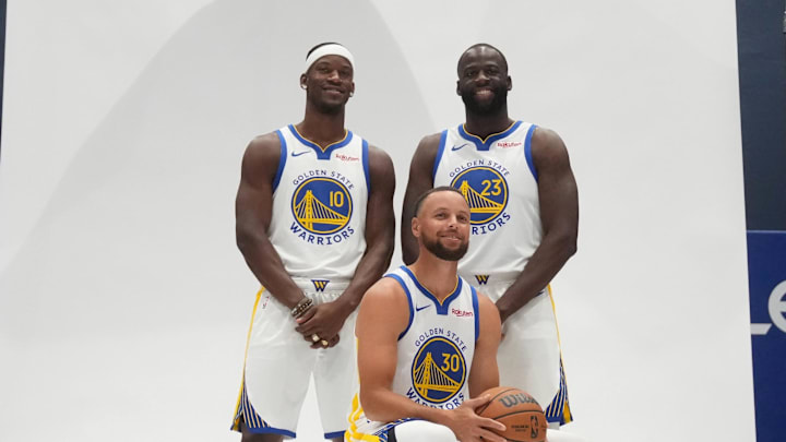 Sep 29, 2025; San Francisco, CA, USA; Golden State Warriors guard Stephen Curry (30), forward Draymond Green (23), and forward Jimmy Butler III (10) pose for a photo during Media Day at the Chase Center. Mandatory Credit: Cary Edmondson-Imagn Images Sep 29, 2025; San Francisco, CA, USA; Golden State Warriors guard Stephen Curry (30), forward Draymond Green (23), and forward Jimmy Butler III (10) pose for a photo during Media Day at the Chase Center. Mandatory Credit: Cary Edmondson-Imagn Images