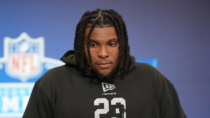 Texas A&M defensive lineman Tyler Onyedim speaks during the NFL Scouting Combine at the Indiana Convention Center.