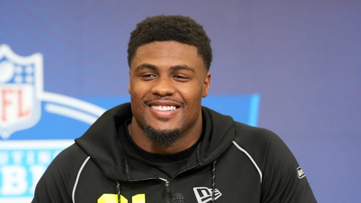 Georgia linebacker CJ Allen (LB01) speaks during the NFL Scouting Combine at the Indiana Convention Center.