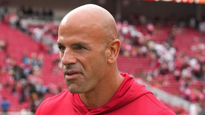 Sep 28, 2025; Santa Clara, California, USA; San Francisco 49ers defensive coordinator Robert Saleh walks off of the field after the game against the Jacksonville Jaguars at Levi's Stadium. Mandatory Credit: Darren Yamashita-Imagn Images