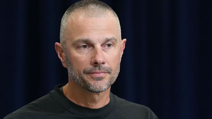 Feb 24, 2026; Indianapolis, IN, USA; Las Vegas Raiders general manager John Spytek speaks at the NFL Scouting Combine at the Indiana Convention Center. Mandatory Credit: Kirby Lee-Imagn Images