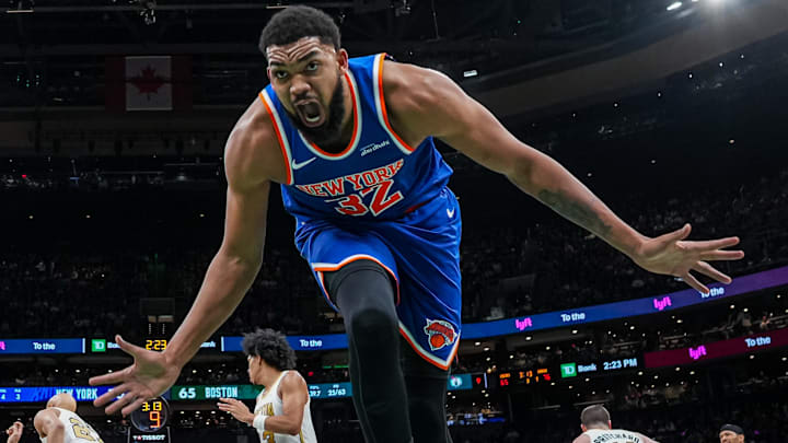 Feb 8, 2026; Boston, Massachusetts, USA; New York Knicks center Karl-Anthony Towns (32) reacts after a play against the Boston Celtics in the second half at TD Garden. Mandatory Credit: David Butler II-Imagn Images