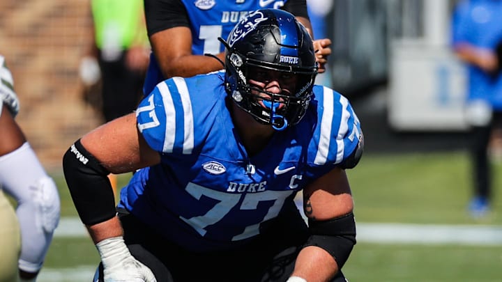 Oct 18, 2025; Durham, North Carolina, USA;  Duke Blue Devils offensive lineman Justin Pickett (77) looks on during the first half of the game against Georgia Tech Yellow Jackets at Wallace Wade Stadium. Mandatory Credit: Jaylynn Nash-Imagn Images