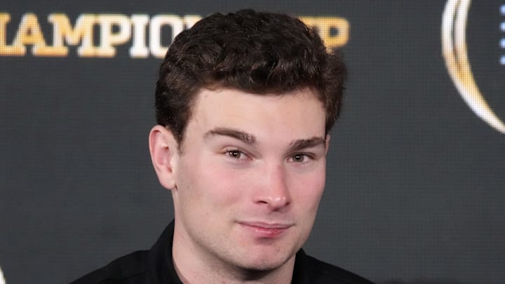 Jan 20, 2026; Miami, FL, USA; Indiana Hoosiers quarterback Fernando Mendoza during the CFP Champions press conference at Marriott Marquis Miami. Mandatory Credit: Kirby Lee-Imagn Images