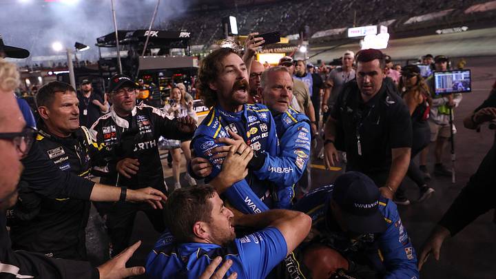 Ryan Blaney, driver of the #12 WABASH Ford, is separated from an altercation with Carson Hocevar, driver of the #77 Zeigler Auto Group Chevrolet, (not pictured) after the NASCAR Cup Series Bass Pro Shops Night Race at Bristol Motor Speedway on September 19, 2026 in Bristol, Tennessee. Ryan Blaney, driver of the #12 WABASH Ford, is separated from an altercation with Carson Hocevar, driver of the #77 Zeigler Auto Group Chevrolet, (not pictured) after the NASCAR Cup Series Bass Pro Shops Night Race at Bristol Motor Speedway on September 19, 2026 in Bristol, Tennessee.
