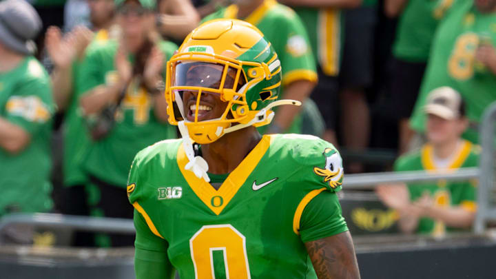 Oregon defensive back Daylen Austin celebrates a fumble recovery as the Oregon Ducks host the Montana State Bobcats on Aug. 30, 2025, at Autzen Stadium in Eugene, Oregon.