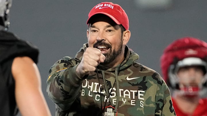 Ohio State Buckeyes head coach Ryan Day motions to quarterback Lincoln Kienholz (3) during spring football practice at the Woody Hayes Athletic Center on March 17, 2025.