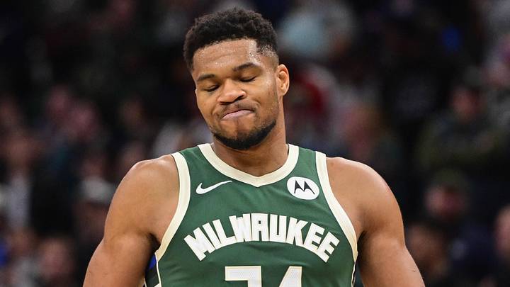Nov 1, 2025; Milwaukee, Wisconsin, USA; Milwaukee Bucks forward Giannis Antetokounmpo (34) reacts after missing a shot late in the fourth quarter against the Sacramento Kings at Fiserv Forum. Mandatory Credit: Benny Sieu-Imagn Images