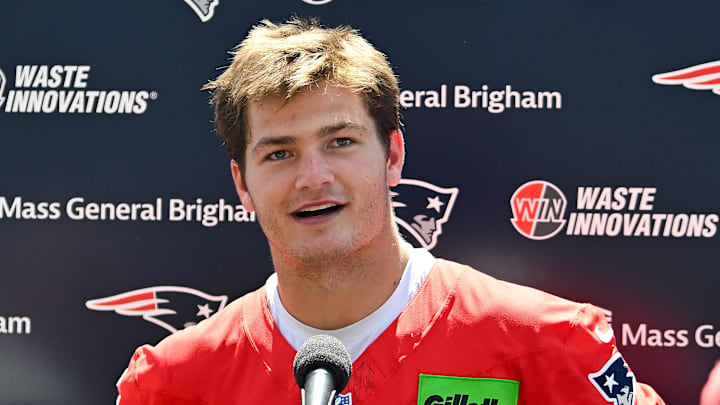 Jul 23, 2025; Foxborough, MA, USA; New England Patriots quarterback Drake Maye (10) addresses the media after practice during day one of training camp at Gillette Stadium. Mandatory Credit: Eric Canha-Imagn Images