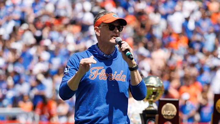 Apr 12, 2025; Gainesville, FL, USA; Florida Gators athletic director Scott Stricklin addresses the crowd during the National Championship celebration at Ben Hill Griffin Stadium. Mandatory Credit: Matt Pendleton-Imagn Images