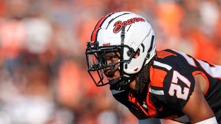 Oregon State Beavers defensive back Andre Jordan Jr. (27) prepares for the play during the second half of the game against Idaho State on Saturday, Aug. 31, 2024 at Reser Stadium in Corvallis, Ore. Oregon State Beavers defensive back Andre Jordan Jr. (27) prepares for the play during the second half of the game against Idaho State on Saturday, Aug. 31, 2024 at Reser Stadium in Corvallis, Ore.