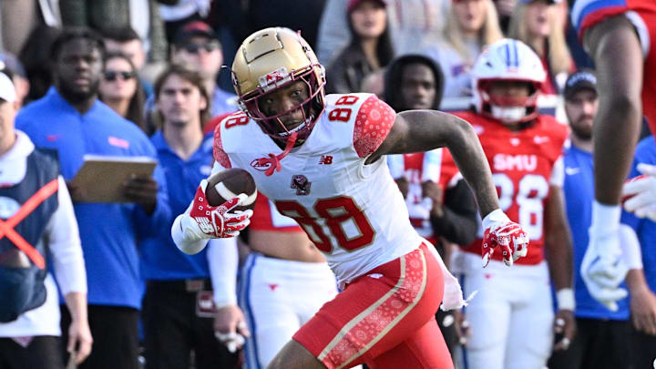 Nov 8, 2025; Chestnut Hill, Massachusetts, USA; Boston College Eagles wide receiver Dawson Pough (88) runs the ball against the Southern Methodist University Mustangs during the first half at Alumni Stadium. Mandatory Credit: Eric Canha-Imagn Images