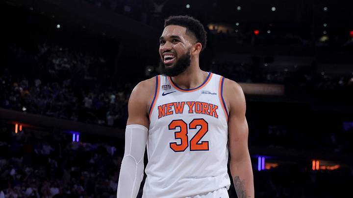 New York Knicks center Karl-Anthony Towns (32) reacts during the fourth quarter of game four of the 2026 NBA Finals against the San Antonio Spurs at Madison Square Garden. Mandatory Credit: Brad Penner-Imagn Images