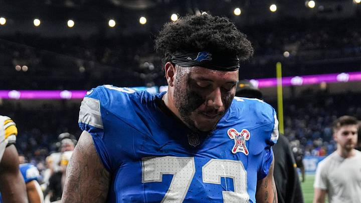 Detroit Lions guard Christian Mahogany (73) walks off the field after 29-24 loss to Pittsburgh Steelers at Ford Field in Detroit on Sunday, Dec. 21, 2025. Detroit Lions guard Christian Mahogany (73) walks off the field after 29-24 loss to Pittsburgh Steelers at Ford Field in Detroit on Sunday, Dec. 21, 2025.