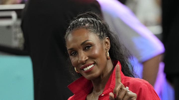 Aug 11, 2024; Paris, France; Lisa Leslie looks on before the women's gold medal game between France and the United States during the Paris 2024 Olympic Summer Games at Accor Arena. Mandatory Credit: Kyle Terada-Imagn Images