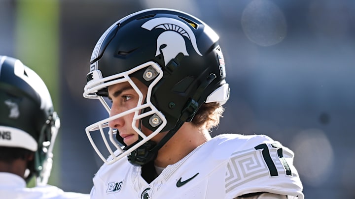 Nov 22, 2025; Iowa City, Iowa, USA; Michigan State Spartans quarterback Alessio Milivojevic (11) looks on before the game against the Iowa Hawkeyes at Kinnick Stadium. Mandatory Credit: Jeffrey Becker-Imagn Images Nov 22, 2025; Iowa City, Iowa, USA; Michigan State Spartans quarterback Alessio Milivojevic (11) looks on before the game against the Iowa Hawkeyes at Kinnick Stadium. Mandatory Credit: Jeffrey Becker-Imagn Images