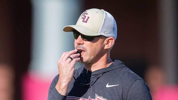 Florida State head coach Mike Norvell leads practice.