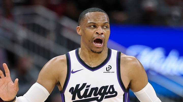 Feb 25, 2026; Houston, Texas, USA; Sacramento Kings guard Russell Westbrook (18) reacts after a play during the first half against the Houston Rockets at Toyota Center. Mandatory Credit: Troy Taormina-Imagn Images