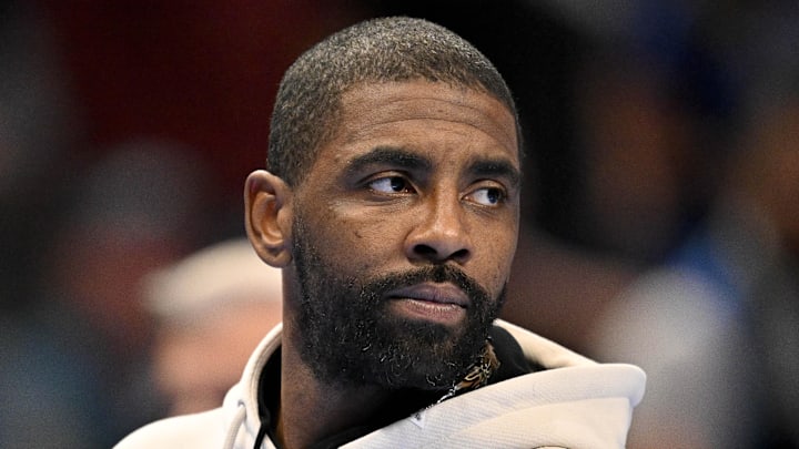 Nov 14, 2025; Dallas, Texas, USA; Dallas Mavericks guard Kyrie Irving looks on during the second half against the LA Clippers in an NBA Cup game at the American Airlines Center. Mandatory Credit: Jerome Miron-Imagn Images