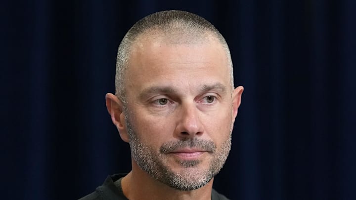 Feb 24, 2026; Indianapolis, IN, USA; Las Vegas Raiders general manager John Spytek speaks at the NFL Scouting Combine at the Indiana Convention Center. Mandatory Credit: Kirby Lee-Imagn Images