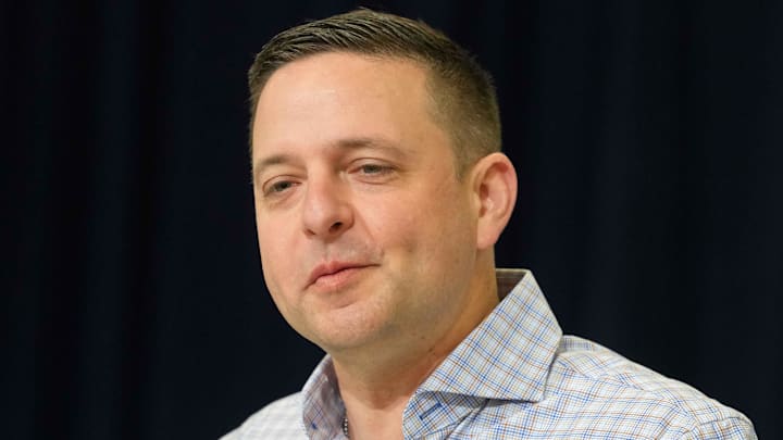 Feb 24, 2026; Indianapolis, IN, USA; New England Patriots general manager Eliot Wolf speaks at the NFL Scouting Combine at the Indiana Convention Center. Mandatory Credit: Kirby Lee-Imagn Images