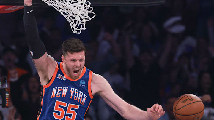 May 14, 2024; New York, New York, USA; New York Knicks center Isaiah Hartenstein (55) reacts after dunking the ball against Indiana Pacers center Myles Turner (33) during game five of the second round for the 2024 NBA playoffs at Madison Square Garden. Mandatory Credit: Vincent Carchietta-Imagn Images May 14, 2024; New York, New York, USA; New York Knicks center Isaiah Hartenstein (55) reacts after dunking the ball against Indiana Pacers center Myles Turner (33) during game five of the second round for the 2024 NBA playoffs at Madison Square Garden. Mandatory Credit: Vincent Carchietta-Imagn Images