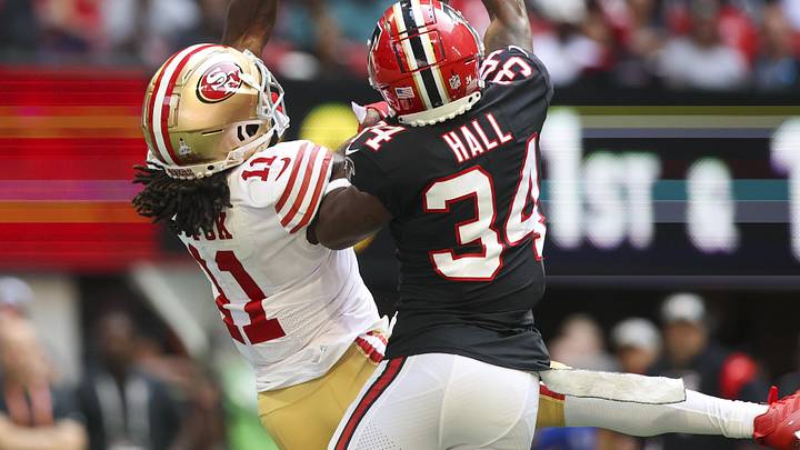 Atlanta Falcons cornerback Darren Hall breaks up a pass intended for Brandon Aiyuk