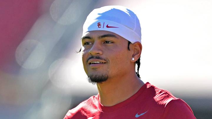 USC Trojans quarterback Jayden Maiava (14) warms up prior to the game against the Michigan Wolverines at United Airlines Field at the Los Angeles Memorial Coliseum. 