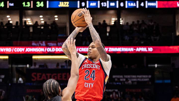 Apr 7, 2026; New Orleans, Louisiana, USA; New Orleans Pelicans guard Jordan Hawkins (24) shoots the ball against Utah Jazz guard Kennedy Chandler (0) during the first half at Smoothie King Center. Mandatory Credit: Stephen Lew-Imagn Images Apr 7, 2026; New Orleans, Louisiana, USA; New Orleans Pelicans guard Jordan Hawkins (24) shoots the ball against Utah Jazz guard Kennedy Chandler (0) during the first half at Smoothie King Center. Mandatory Credit: Stephen Lew-Imagn Images