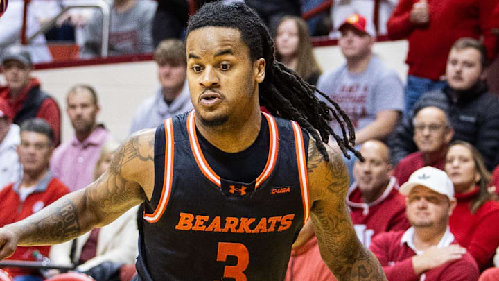 Sam Houston State Bearkats guard Lamar Wilkerson (3) dribbles the ball while Indiana Hoosiers forward Luke Goode (10) defends in the second half at Simon Skjodt Assembly Hall. Sam Houston State Bearkats guard Lamar Wilkerson (3) dribbles the ball while Indiana Hoosiers forward Luke Goode (10) defends in the second half at Simon Skjodt Assembly Hall.