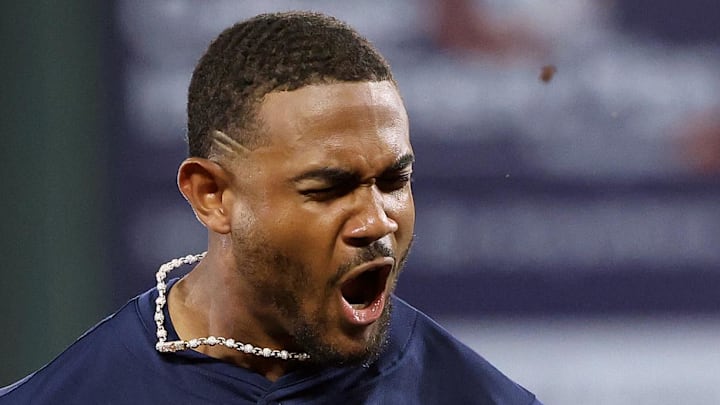 Seattle Mariners outfielder Julio Rodriguez celebrates after hitting a triple against the Baltimore Orioles on Aug. 13 at Camden Yards.