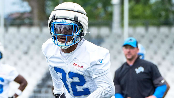 Detroit Lions safety Brian Branch (32) runs a drill during training camp at team's Allen Park Performance Center