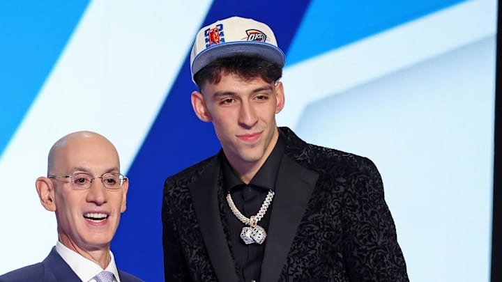 Jun 23, 2022; Brooklyn, NY, USA; Chet Holmgren (Gonzaga) shakes hands with NBA commissioner Adam Silver after being selected as the number two overall pick by the Oklahoma City Thunder in the first round of the 2022 NBA Draft at Barclays Center. Mandatory Credit: Brad Penner-Imagn Images Jun 23, 2022; Brooklyn, NY, USA; Chet Holmgren (Gonzaga) shakes hands with NBA commissioner Adam Silver after being selected as the number two overall pick by the Oklahoma City Thunder in the first round of the 2022 NBA Draft at Barclays Center. Mandatory Credit: Brad Penner-Imagn Images