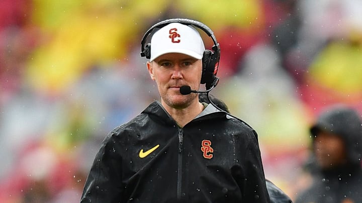 Nov 15, 2025; Los Angeles, California, USA; Southern California Trojans head coach Lincoln Riley watches game action against the Iowa Hawkeyes during the first half at the Los Angeles Memorial Coliseum. Mandatory Credit: Gary A. Vasquez-Imagn Images