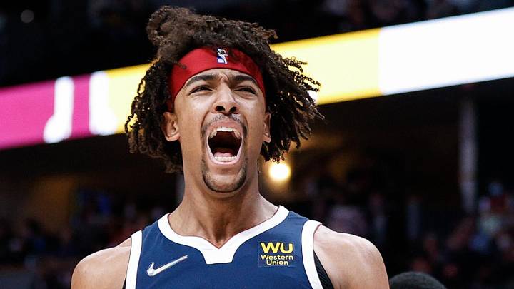 Jan 13, 2022; Denver, Colorado, USA; Denver Nuggets forward Zeke Nnaji (22) reacts after a play in the first quarter against the Portland Trail Blazers at Ball Arena. Mandatory Credit: Isaiah J. Downing-Imagn Images