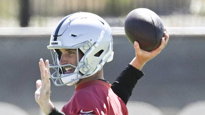 May 28, 2026; Henderson, NV, USA; Las Vegas Raiders quarterback Kirk Cousins (8) runs a drill during organized team activities at Intermountain Health Performance Center. Mandatory Credit: Candice Ward-Imagn Images